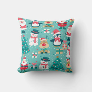 Seamless pattern with Santa Claus, snowman, deer, Throw Pillow