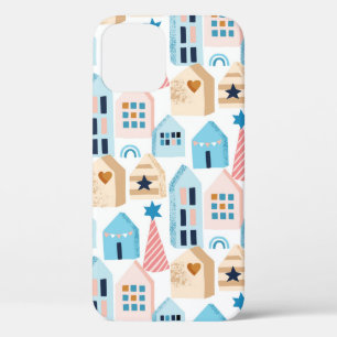 Seamless pattern with Scandinavian houses on white iPhone 12 Case