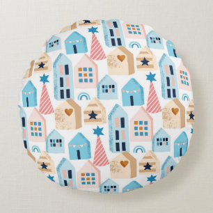 Seamless pattern with Scandinavian houses on white Round Pillow