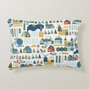Seamless pattern with scandinavian village in past accent pillow