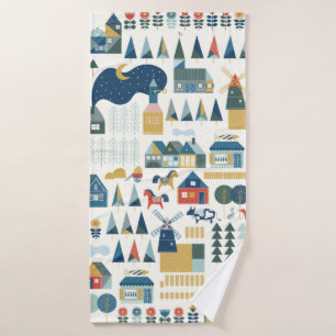 Seamless pattern with scandinavian village in past bath towel