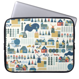 Seamless pattern with scandinavian village in past laptop sleeve
