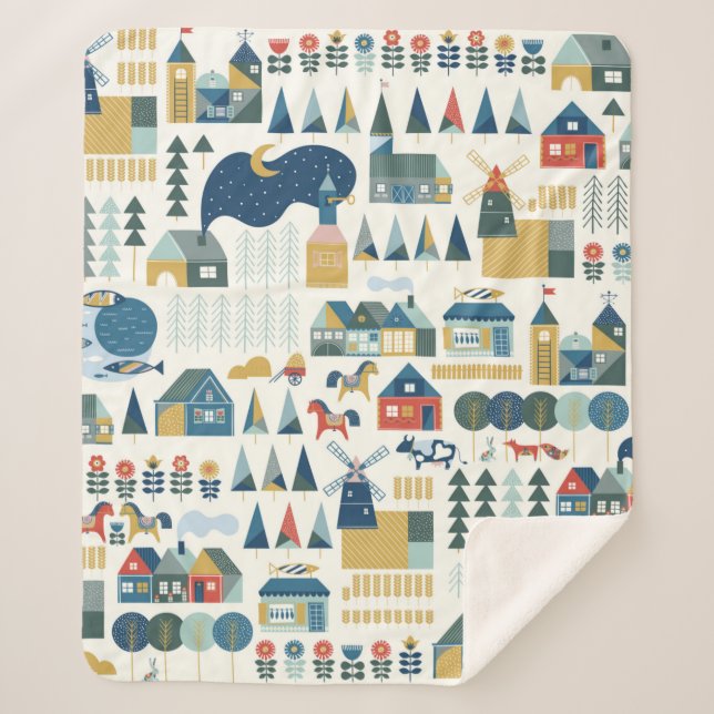 Seamless pattern with scandinavian village in past sherpa blanket (Front)