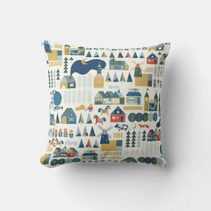 Seamless pattern with scandinavian village in past throw pillow