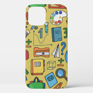 Seamless pattern with school supplies on a yellow  iPhone 12 case