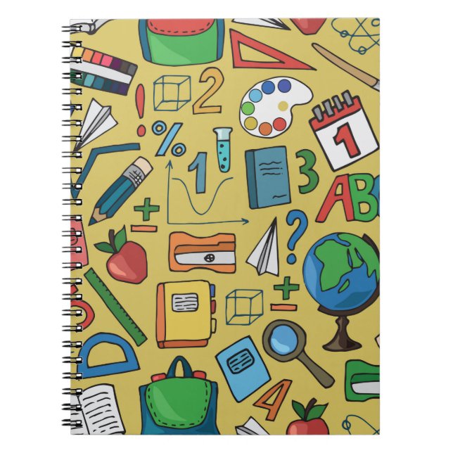 Seamless pattern with school supplies on a yellow  notebook (Front)