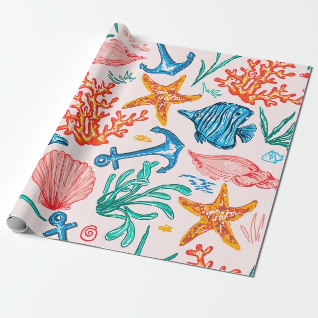 Seamless pattern with sea creatures wrapping paper (Unrolled)