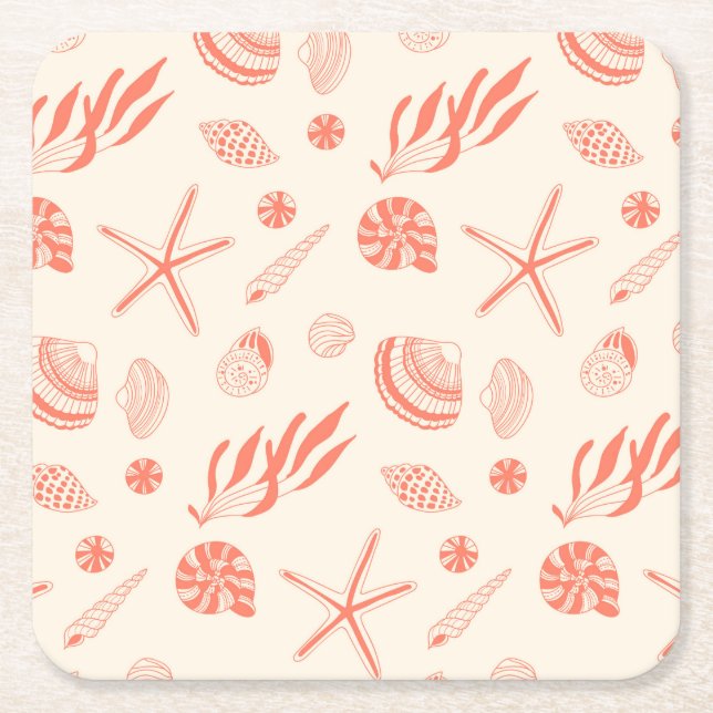 Seamless pattern with sea shells square paper coaster (Front)