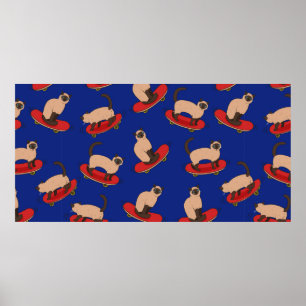 Seamless pattern with siamese cats on skateboards. poster