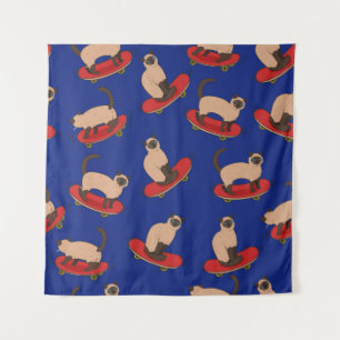 Seamless pattern with siamese cats on skateboards. tapestry