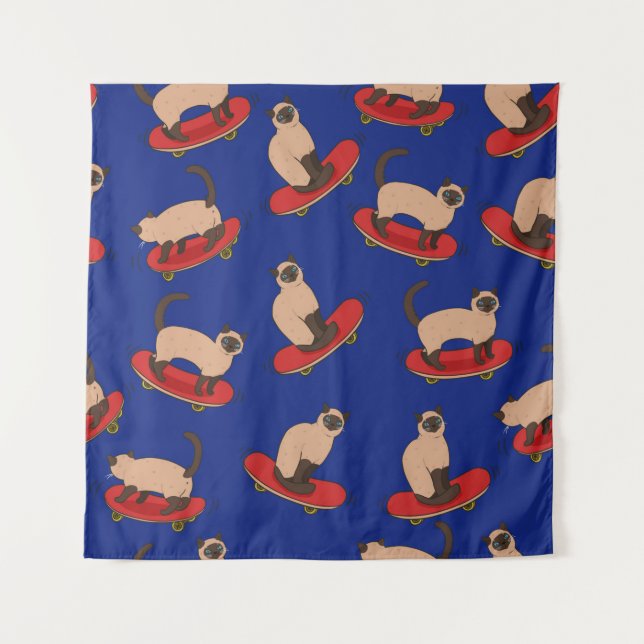 Seamless pattern with siamese cats on skateboards. tapestry (Front)