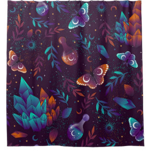 Seamless pattern with space butterfly, crystals, h