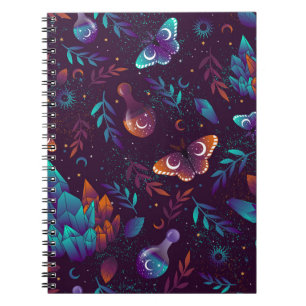 Seamless pattern with space butterfly, crystals, h notebook