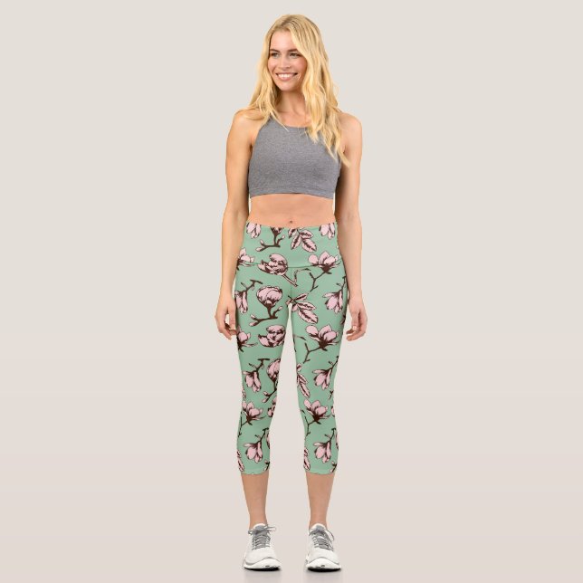 Seamless pattern with spring tree flower buds capri leggings (Front)