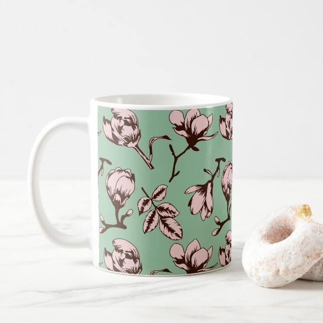Seamless pattern with spring tree flower buds coffee mug (With Donut)
