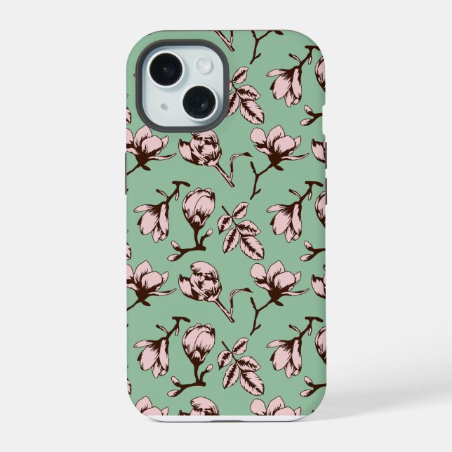 Seamless pattern with spring tree flower buds iPhone 15 case (Back)