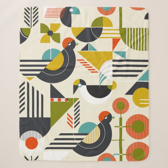 Seamless pattern with stylized birds in retro bauh sherpa blanket (Front)