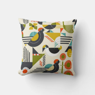 Seamless pattern with stylized birds in retro bauh throw pillow