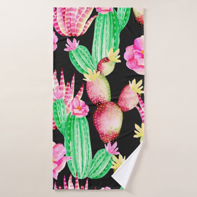 Seamless pattern with succulents. Watercolor cactu Bath Towel (Bath Towel)