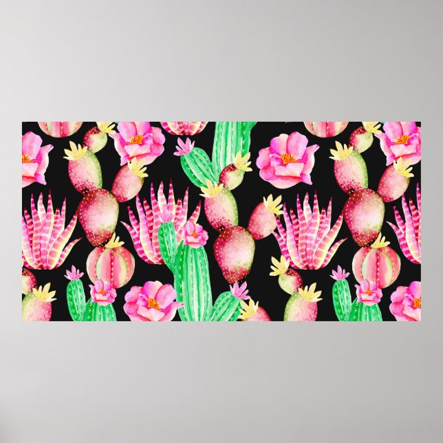 Seamless pattern with succulents. Watercolor cactu Poster (Front)