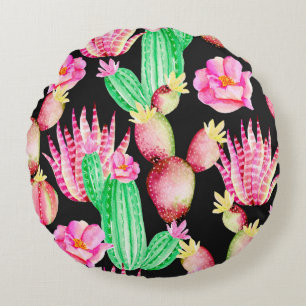 Seamless pattern with succulents. Watercolor cactu Round Pillow
