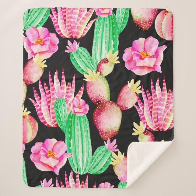 Seamless pattern with succulents. Watercolor cactu Sherpa Blanket (Front)