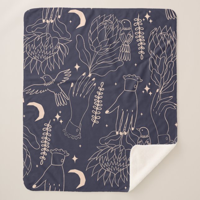 Seamless pattern with the outlines of hands, flowe sherpa blanket (Front)