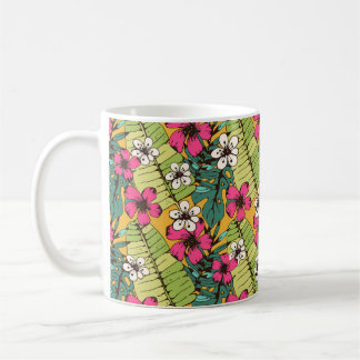 Seamless pattern with tropical flowers, palm leave coffee mug