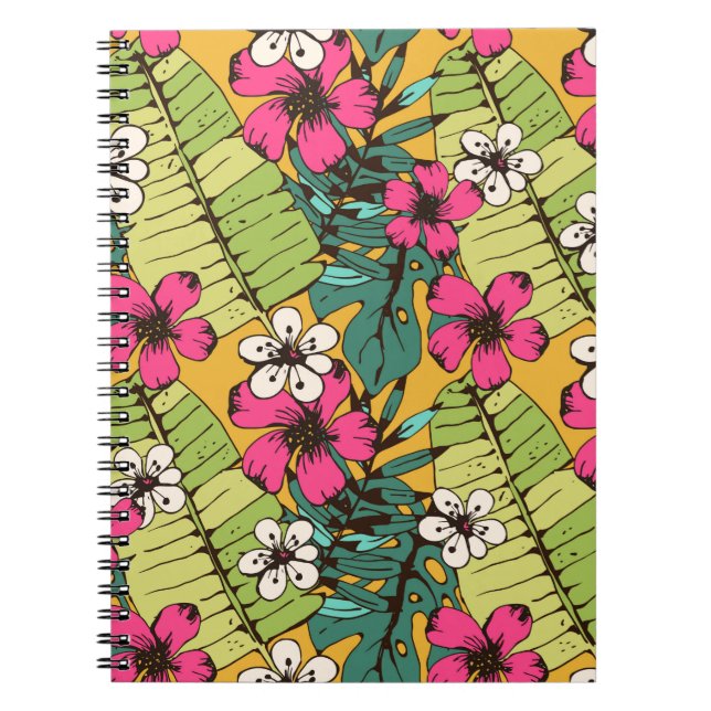 Seamless pattern with tropical flowers, palm leave notebook (Front)