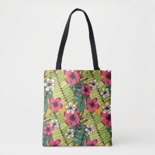 Seamless pattern with tropical flowers, palm leave tote bag