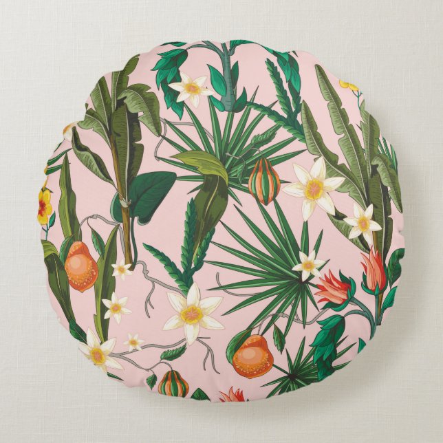 Seamless pattern with tropical leaf, flowers and f round pillow (Front)