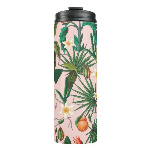 Seamless pattern with tropical leaf, flowers and f thermal tumbler (Front)