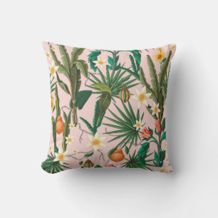 Seamless pattern with tropical leaf, flowers and f throw pillow