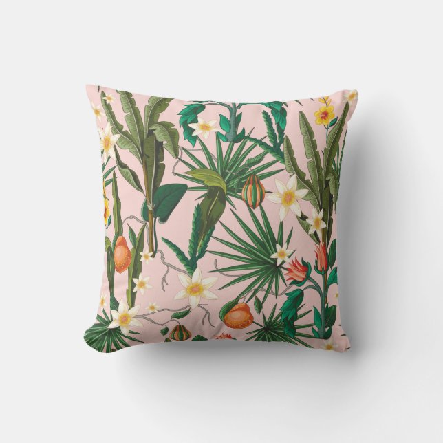 Seamless pattern with tropical leaf, flowers and f throw pillow (Front)