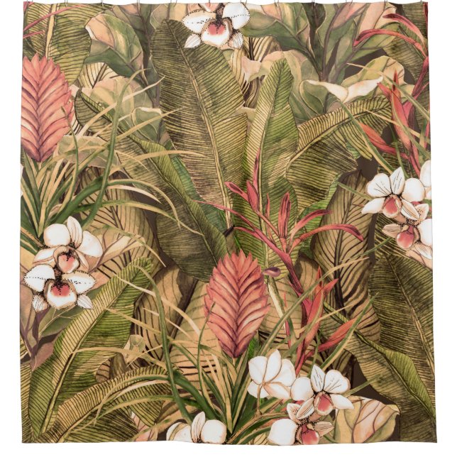 Seamless pattern with tropical leaves and flowers. (Front)