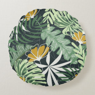 Seamless pattern with tropical leaves and flowers round pillow