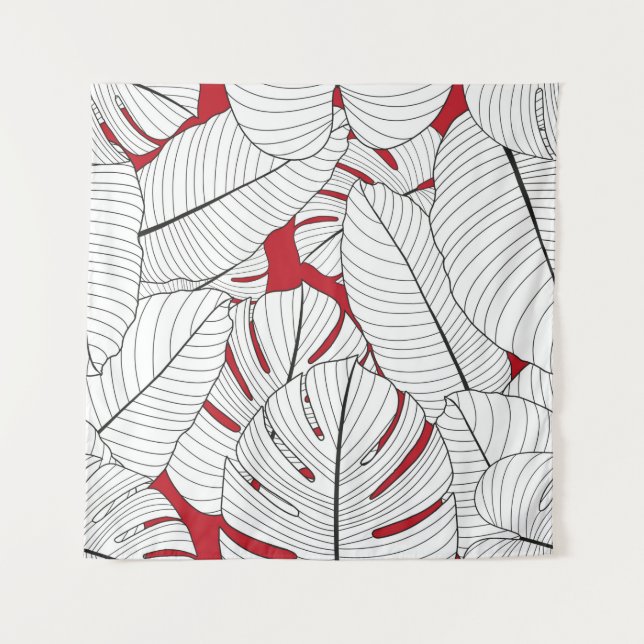 Seamless pattern with tropical leaves in red and w tapestry (Front)