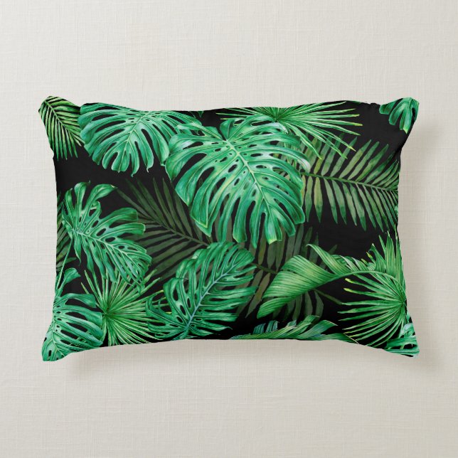 Seamless pattern with tropical leaves on a dark ba accent pillow (Front)