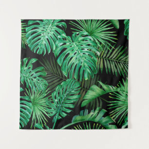 Seamless pattern with tropical leaves on a dark ba tapestry