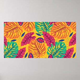 Seamless pattern with tropical leaves on yellow ba poster