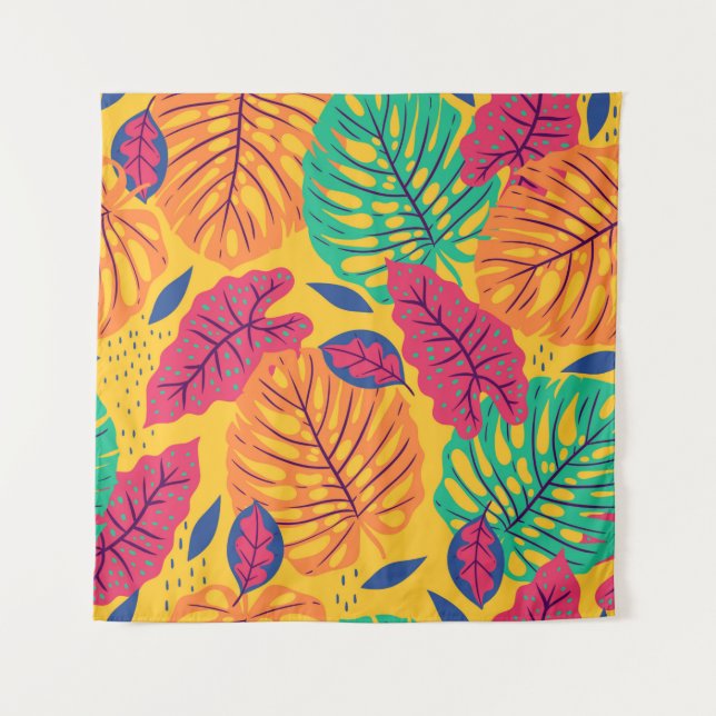 Seamless pattern with tropical leaves on yellow ba tapestry (Front)