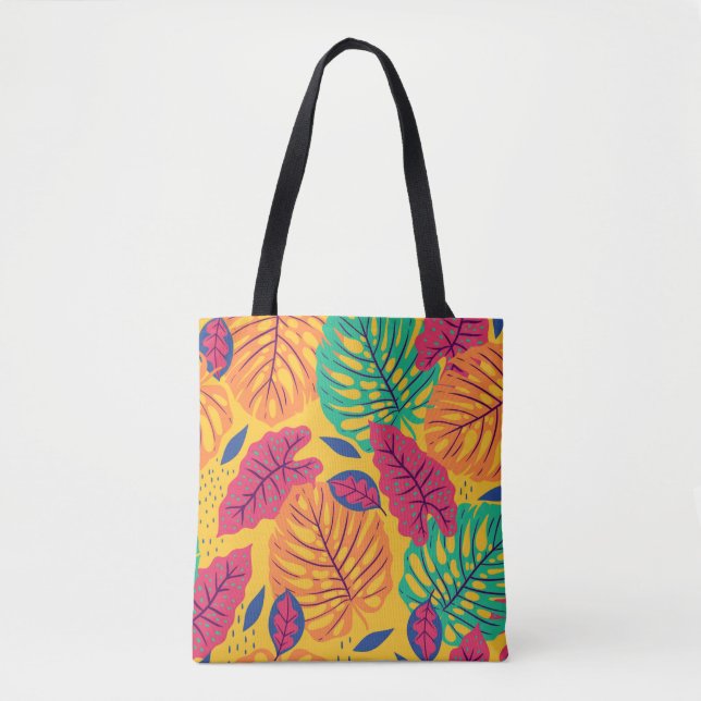 Seamless pattern with tropical leaves on yellow ba tote bag (Front)