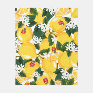 Seamless pattern with tropical summer lemon fruits fleece blanket