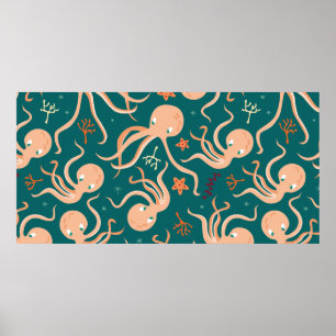 Seamless pattern with underwater ocean animals, cu poster