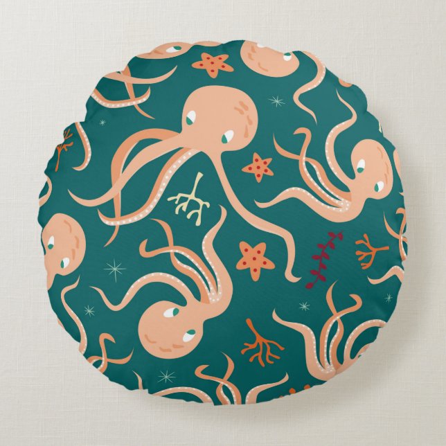 Seamless pattern with underwater ocean animals, cu round pillow (Front)