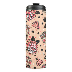 Seamless pattern with vintage roses, diamonds and  thermal tumbler