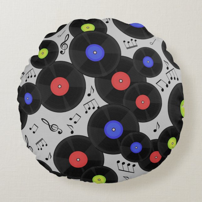 Seamless pattern with vinyl records and notes.  round pillow (Front)
