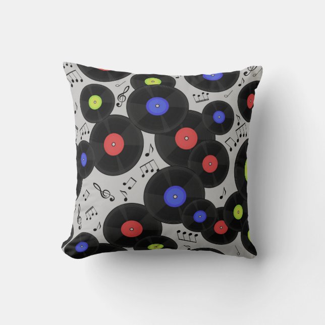 Seamless pattern with vinyl records and notes.  throw pillow (Front)