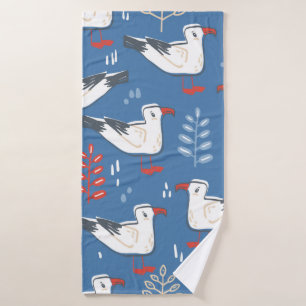 seamless pattern with walking gull. Bird and leave Bath Towel
