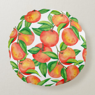 Seamless pattern with watercolor mandarin fruit an round pillow